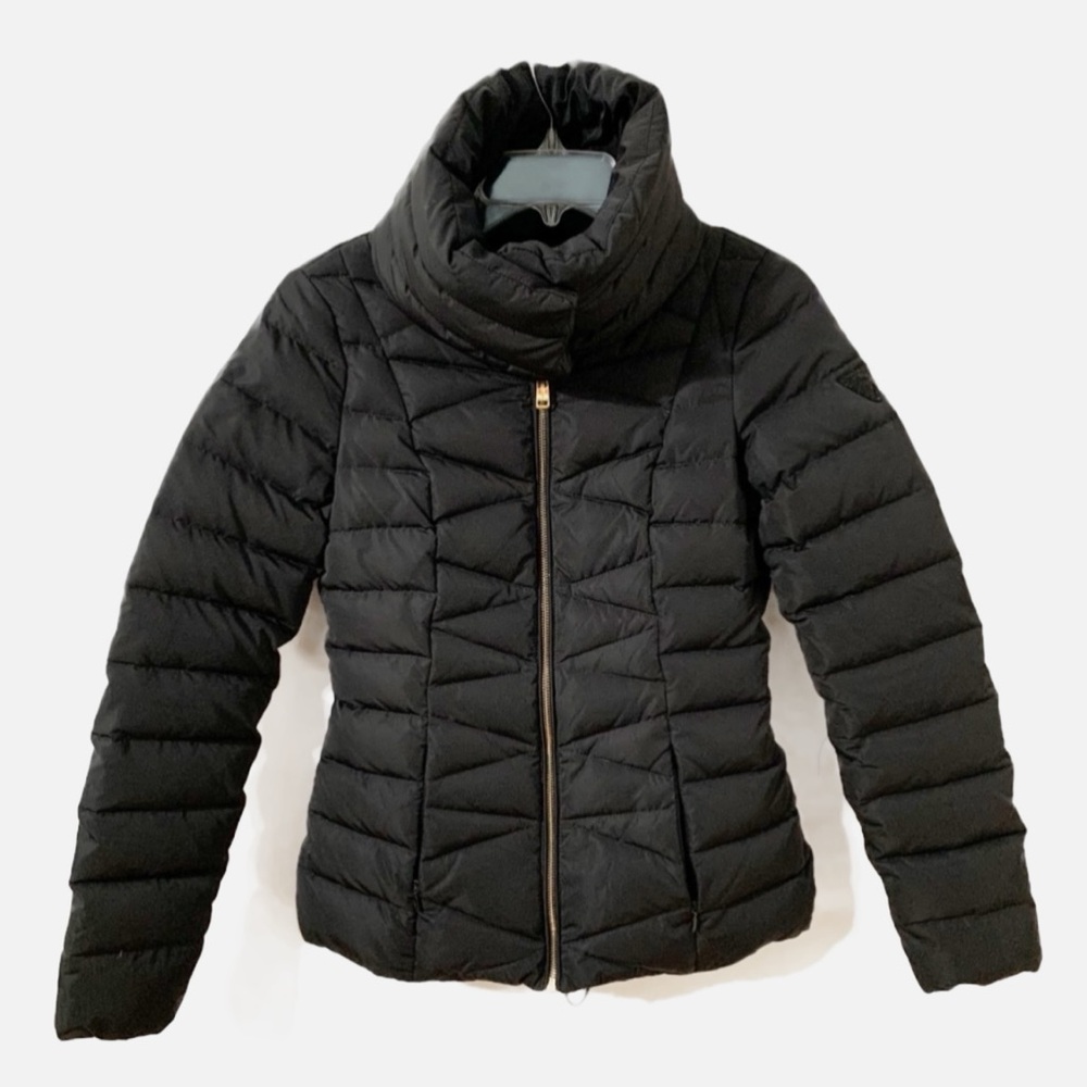 Guess Goose Down Quilted Puffer Parka Front Zip Oversize Collar Magnetic Closure